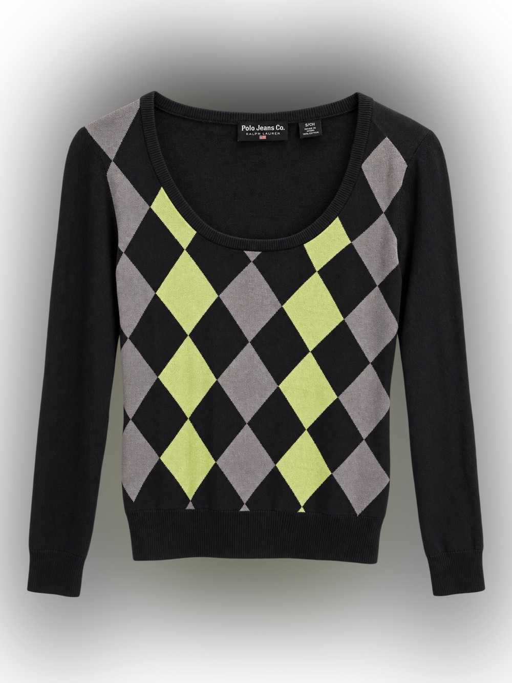 Preppy Black Argyle Scoop Neck Sweater Ralph Lauren small Y2K clueless core